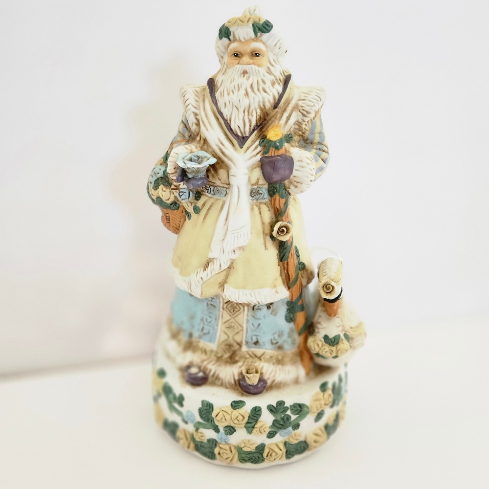 Vtg Victorian Rose Santa W Swan‎ MUSIC BOX Porcelain Dreaming Of White Christmas